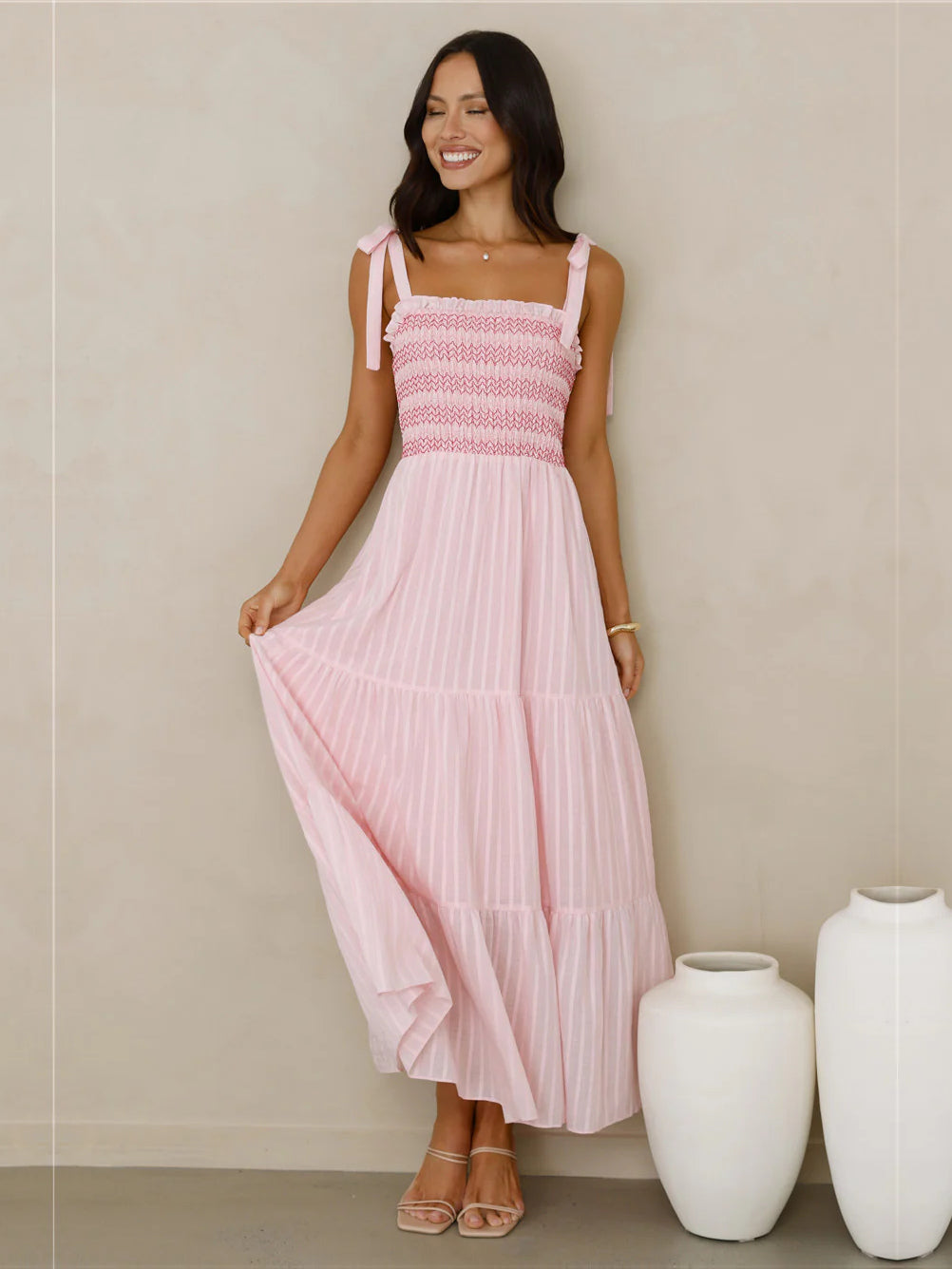 Pink a-line maxi formal dress with pleated skirt, alternate view