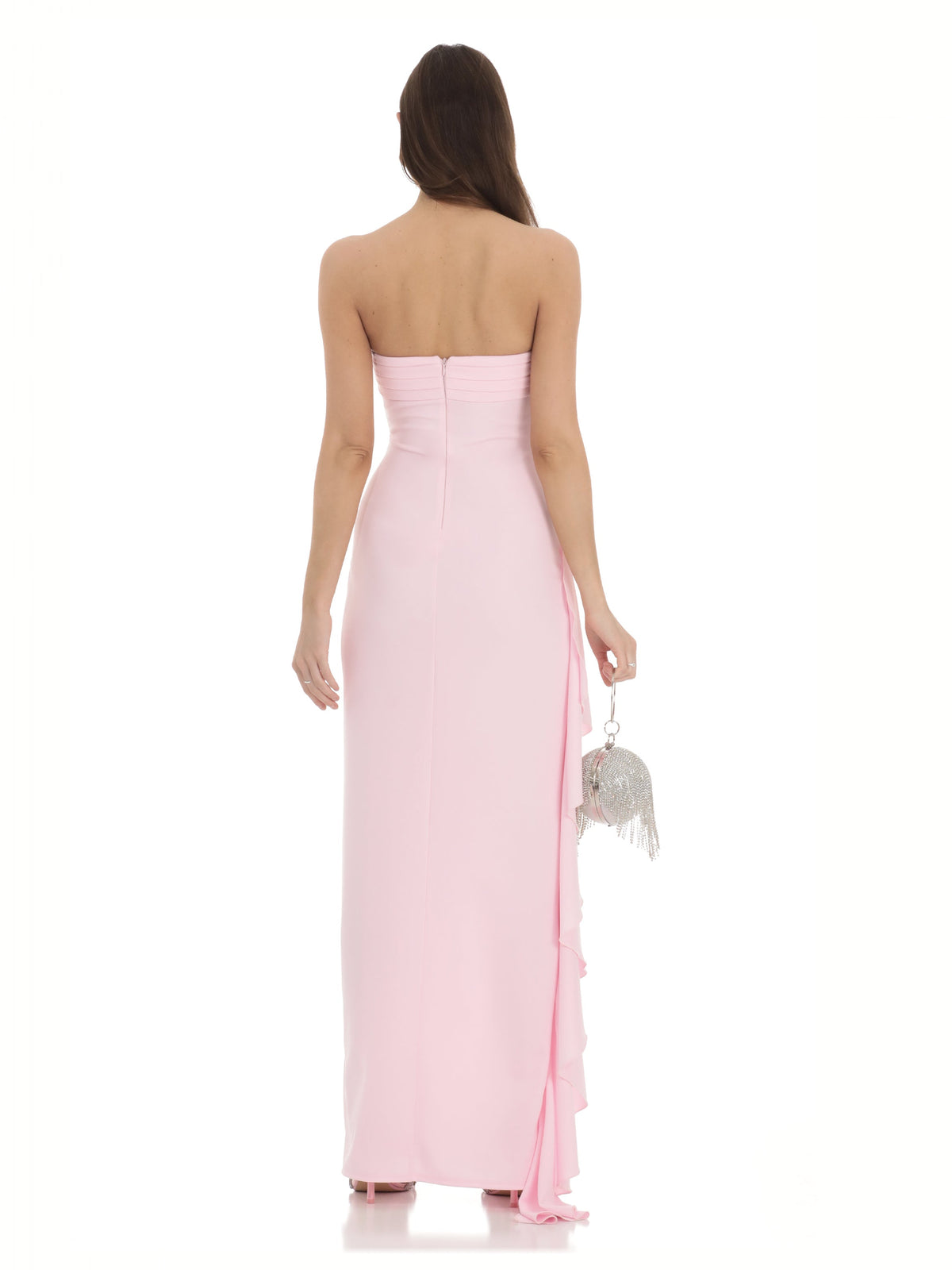 Pink bridesmaid dress with structured woven fabric construction and maxi hem