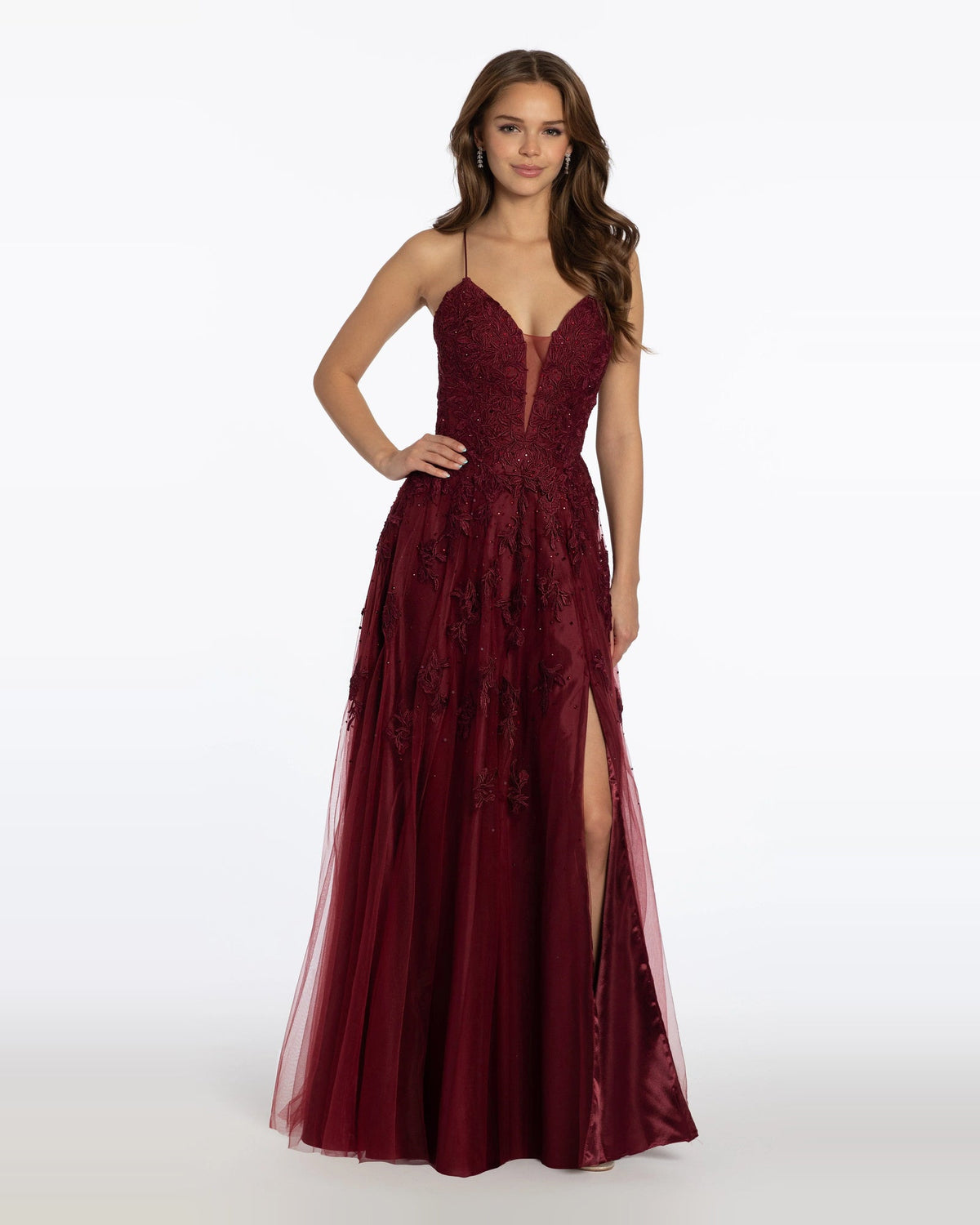Burgundy plunging neckline A-line prom gown with lace bodice and side slit tulle skirt