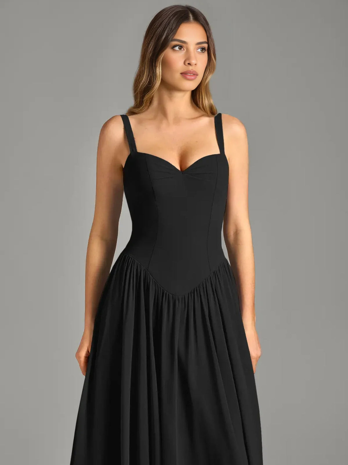 Black sweetheart corset maxi chiffon dress with spaghetti straps and gathered waist