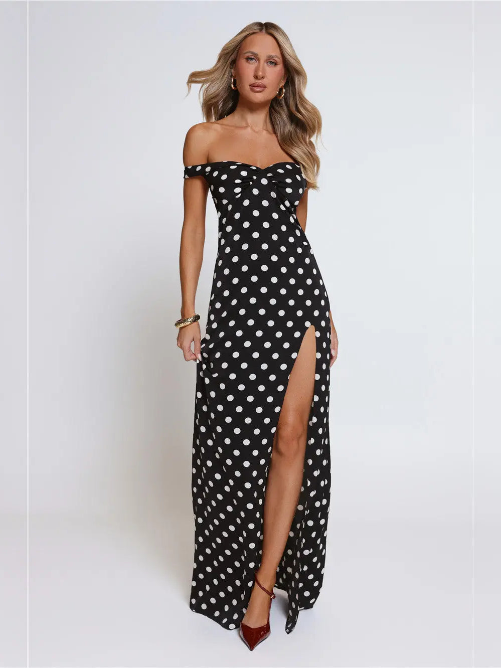 Black a-line maxi formal dress with printed pattern, alternate view