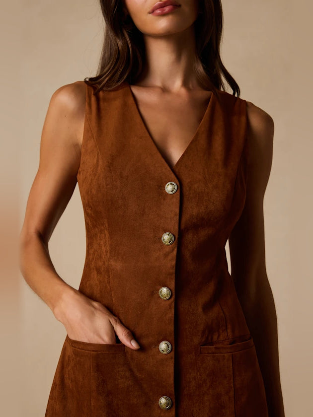 Brown suede V-neck sleeveless mini dress with silver button front and pockets