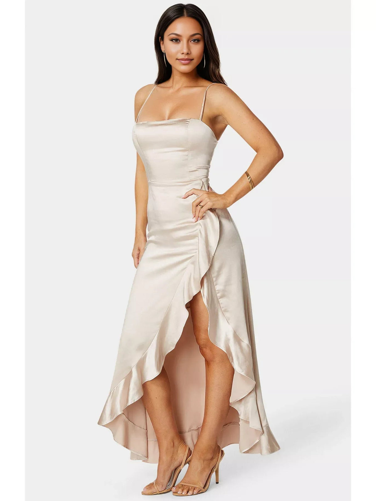 Cream satin floor-length formal dress with cowl neckline, ruffled asymmetrical hem, slit