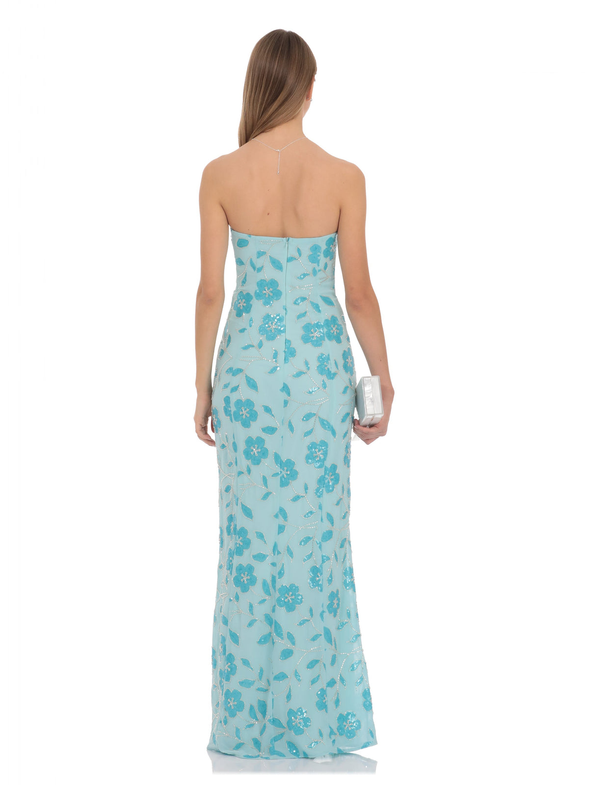 Blue bridesmaid dress with mesh construction and maxi hem