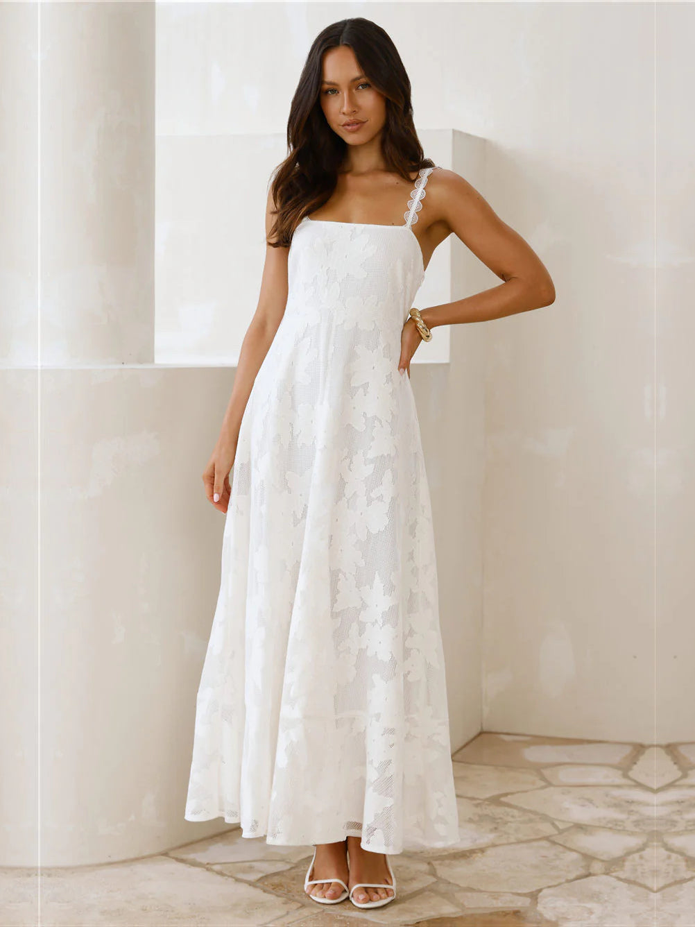 Cream a-line maxi formal dress with floral print, alternate view