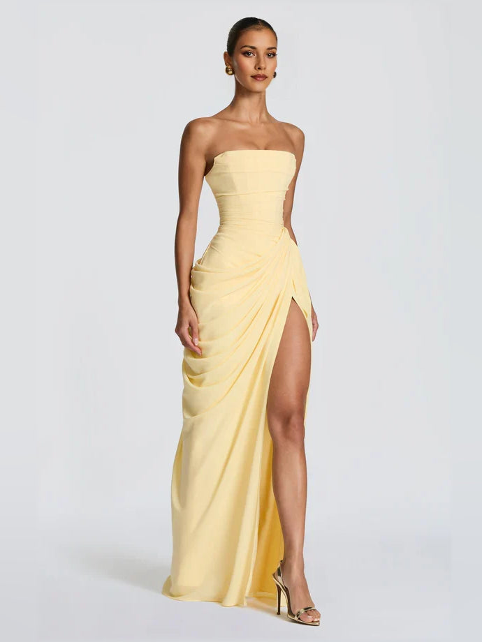 Yellow strapless draped maxi sheath dress with ruched bodice and side slit, chiffon