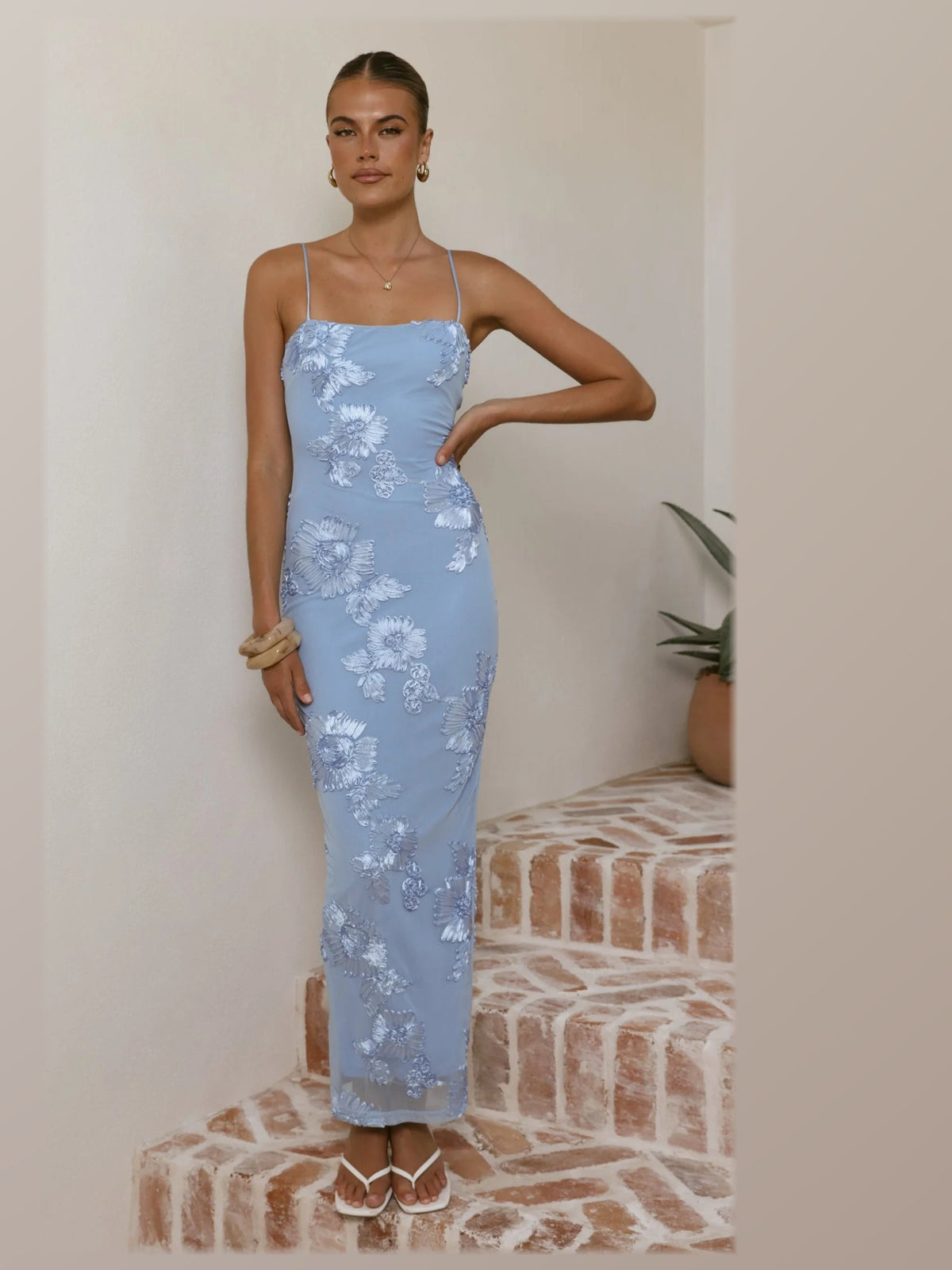 Blue maxi formal dress, alternate full-length view showing the waistline