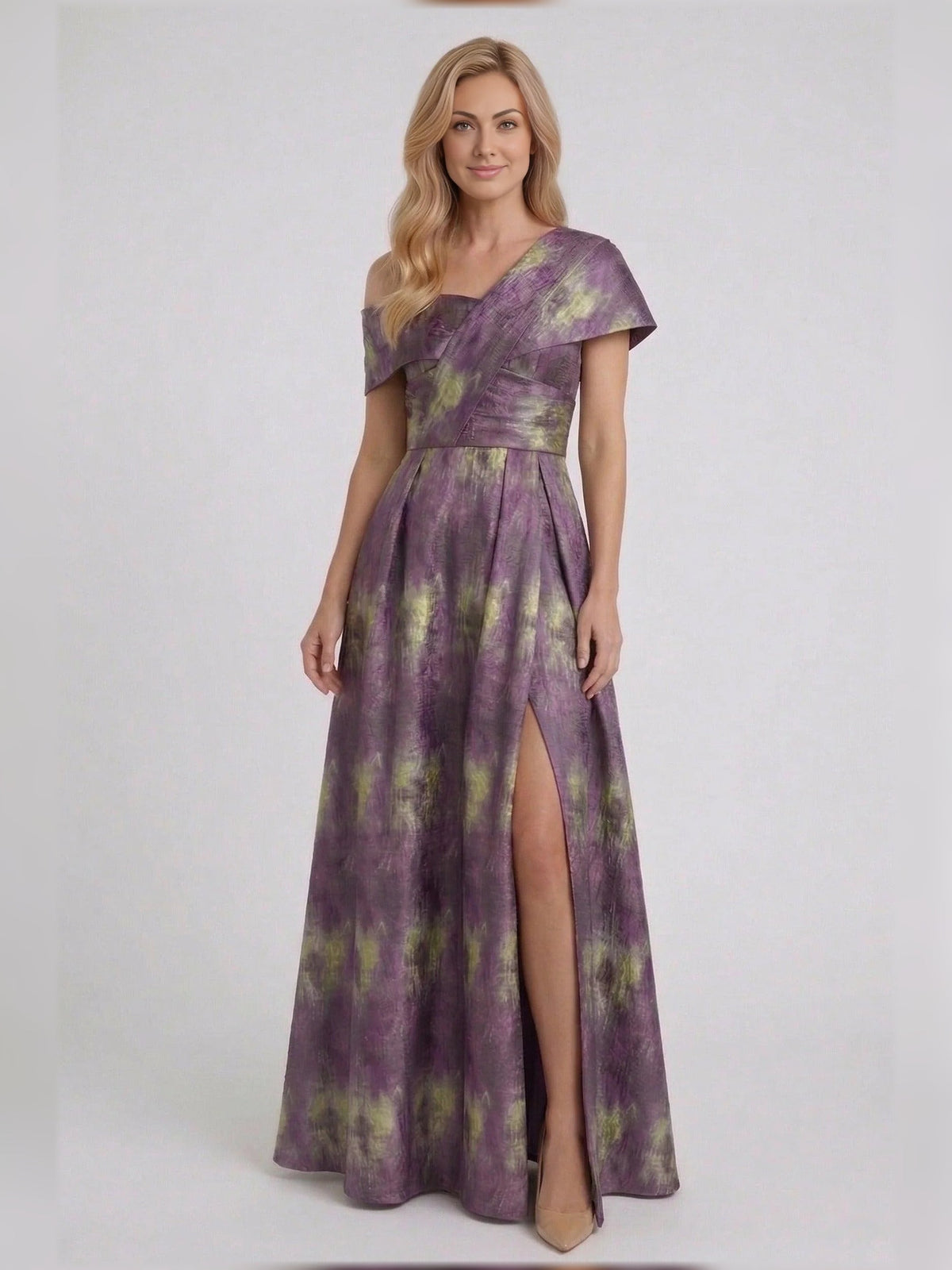 Purple abstract print A-line floor-length dress with asymmetrical neckline and side slit