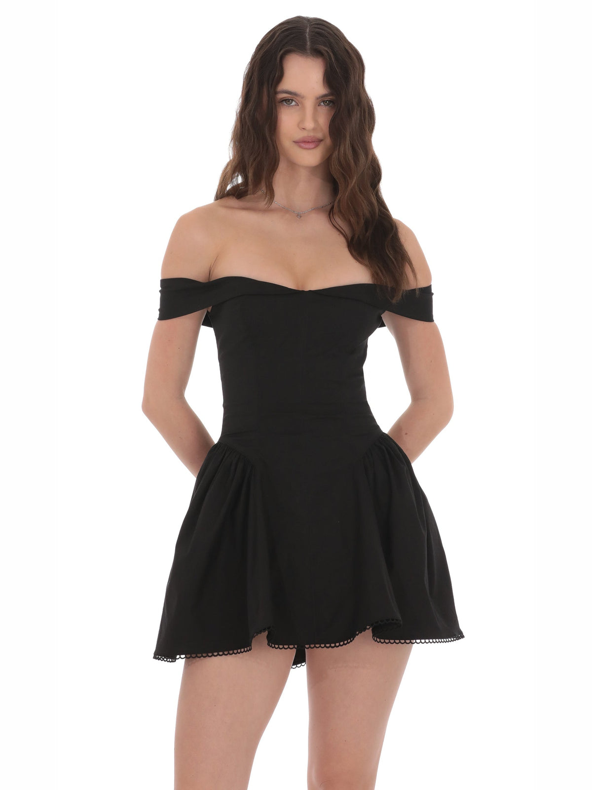 Black off-shoulder fit-and-flare mini dress with sweetheart neckline and flared pleats
