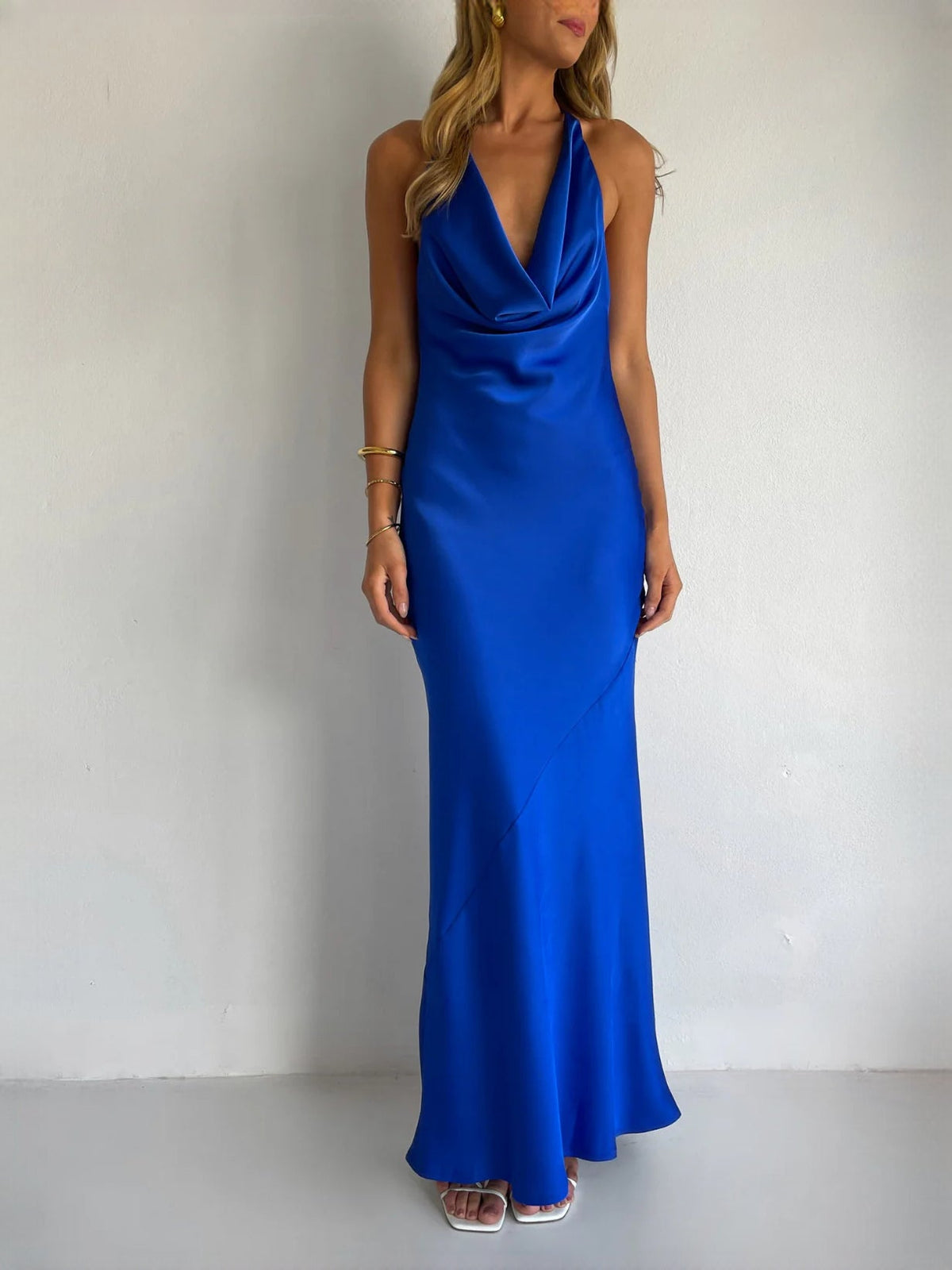 Cobalt sheath maxi formal dress with ruching, alternate full-length view