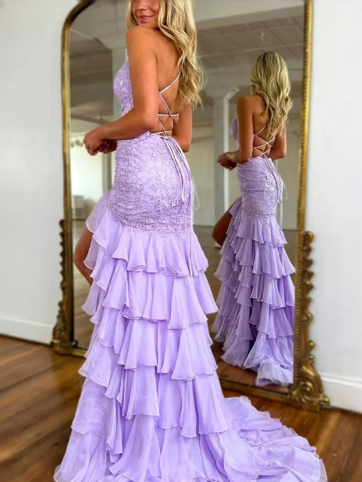 Lilac sequined corset bodice prom dress with tiered ruffled skirt and open back