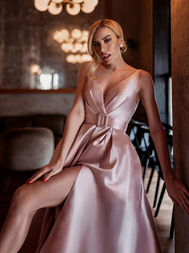 Mauve satin V-neck sleeveless A-line dress with front slit, belted waist