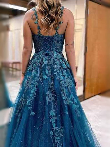 Teal-blue glitter floral V-neck corset A-line tulle prom dress, back view