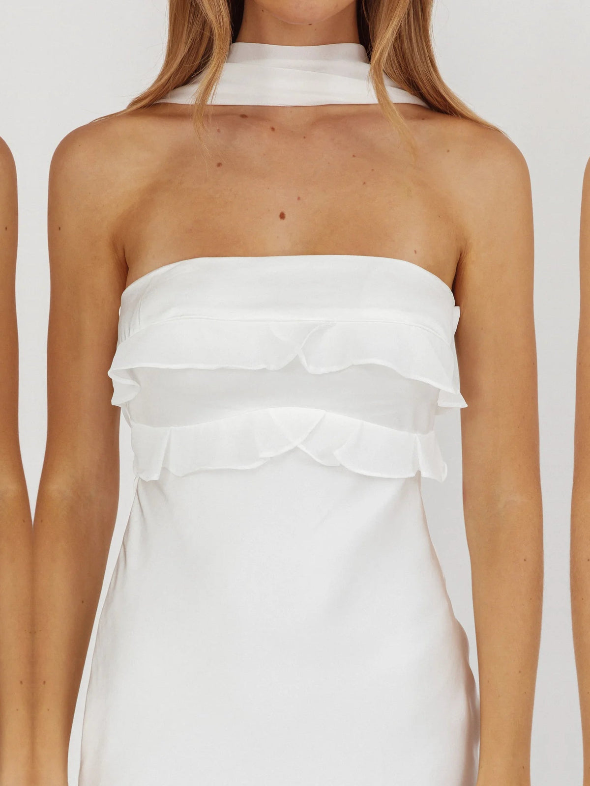 White sheath midi formal dress with ruffle details, alternate view showing the bodice