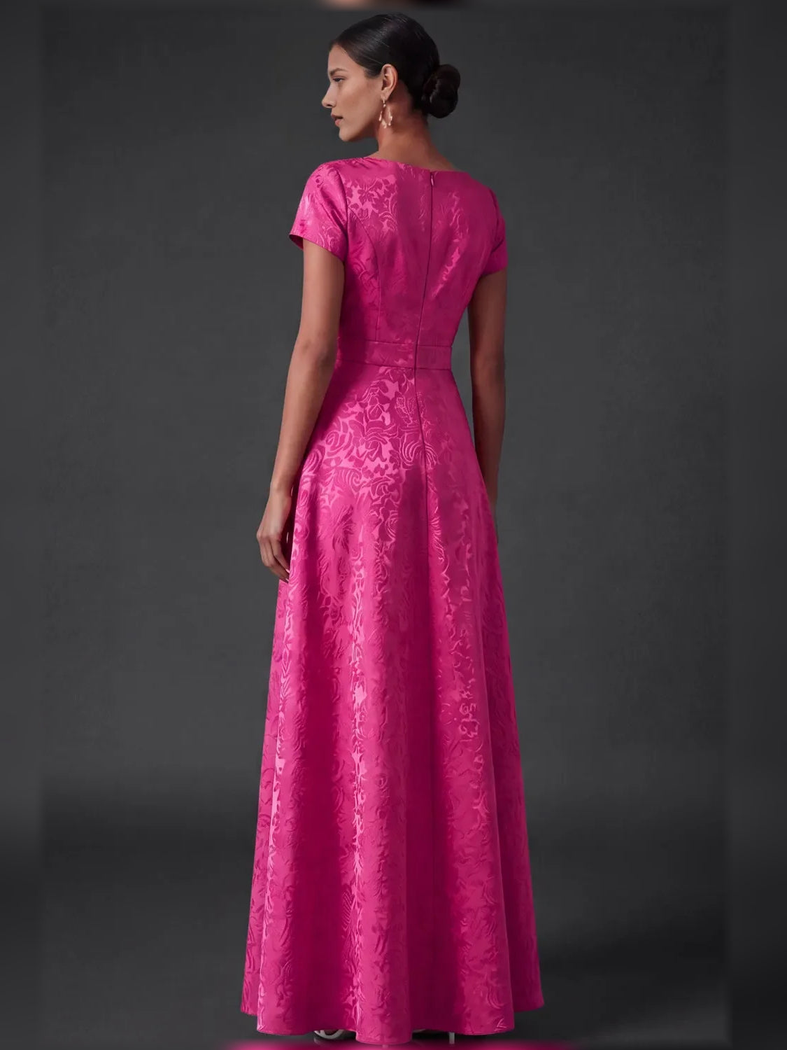 Fuchsia short A-line dress with bateau neckline and cap sleeves, back view