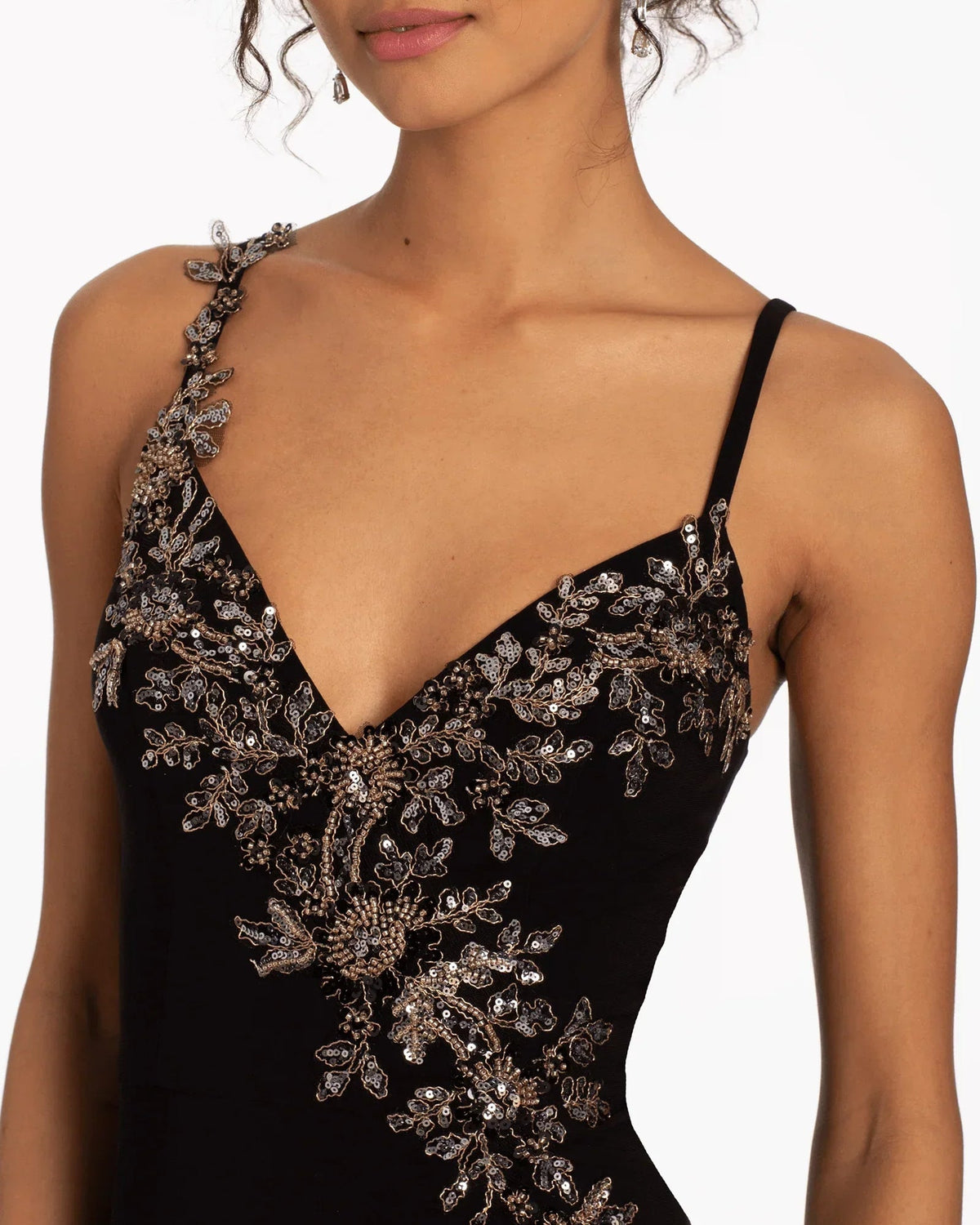 Black sweetheart bodice with silver floral embroidery and spaghetti straps