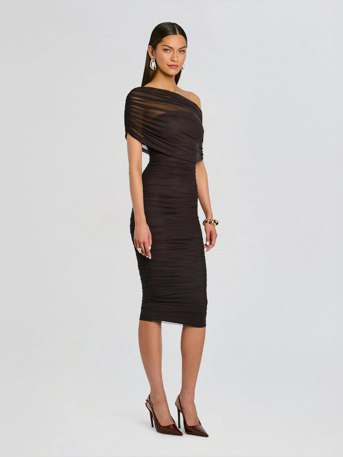 Black mesh midi formal dress with one-shoulder off-shoulder drape and ruched pencil silhouette