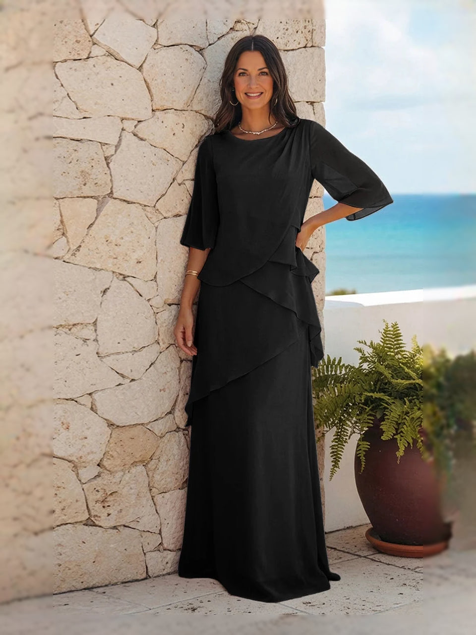 Layered ruffled chiffon A-line dress, black, 3/4 sleeves, tiered skirt