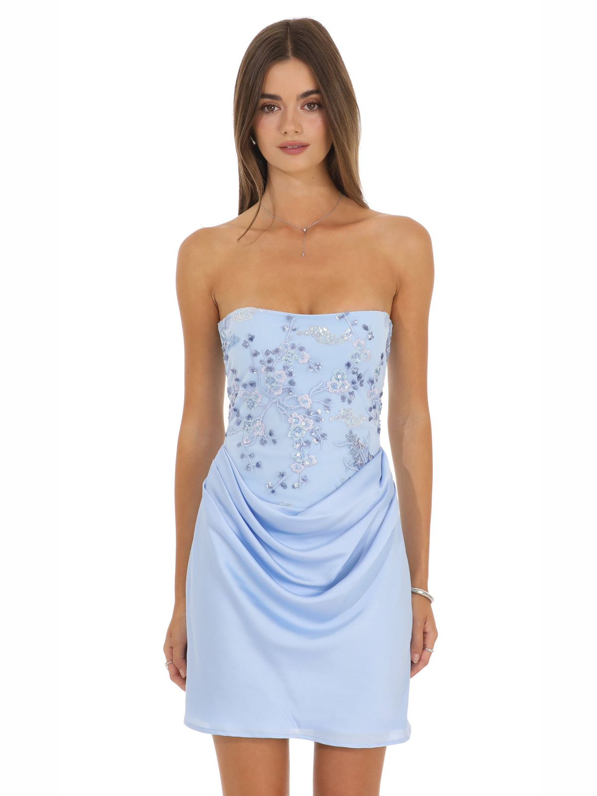 Blue homecoming dress with mesh construction and mini hem