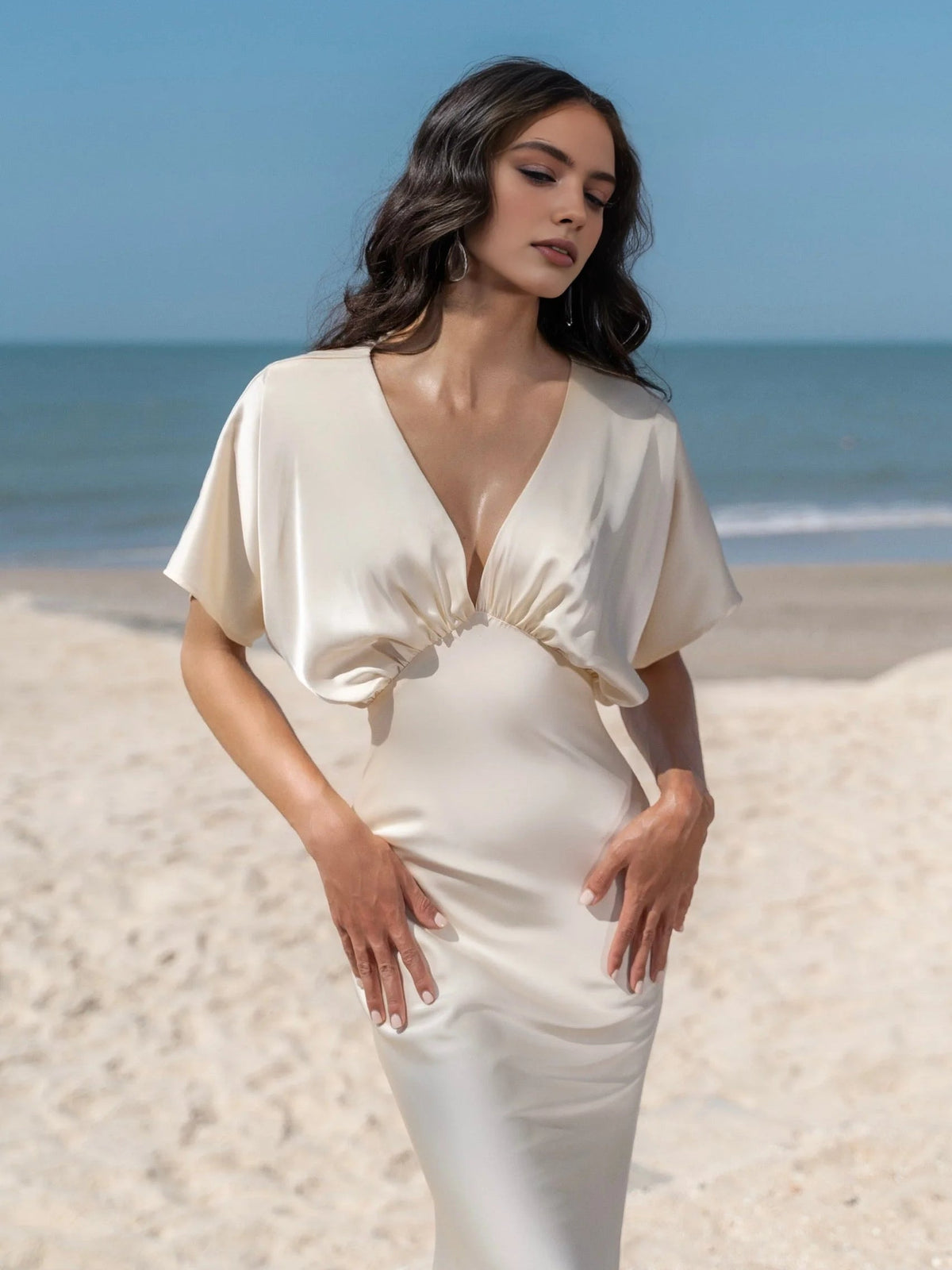 Draped V-neck satin prom dress with ruched bodice and short-sleeve overlay