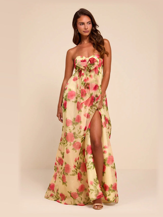 Light Yellow Floral formal dress with chiffon construction and maxi hem