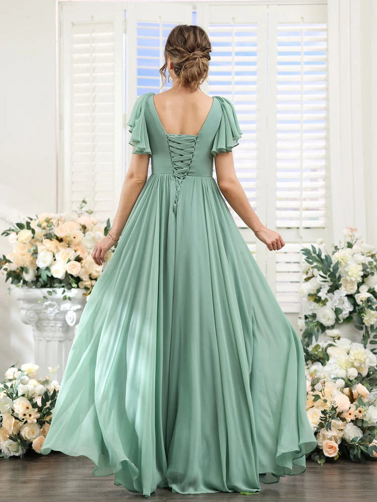 V-neck A-line chiffon bridesmaid dress in dusty sage green with open back and side slit