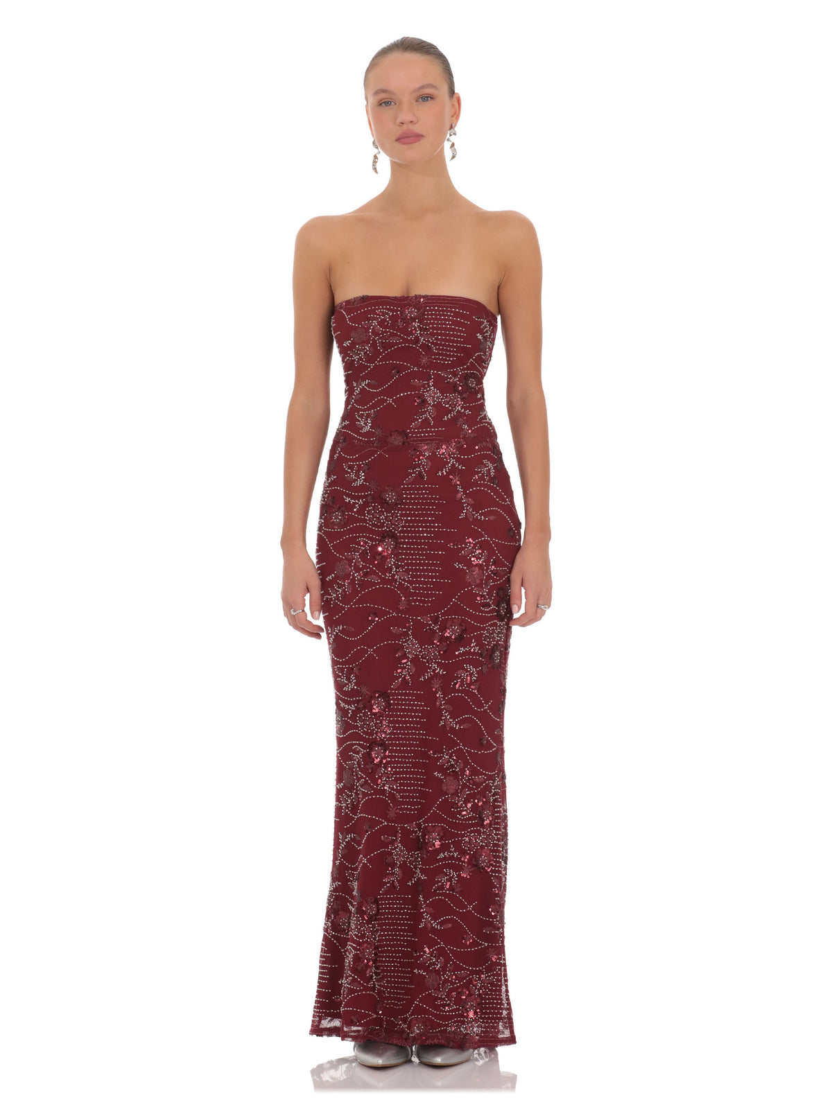 Burgundy bridesmaid dress with structured woven fabric construction and maxi hem