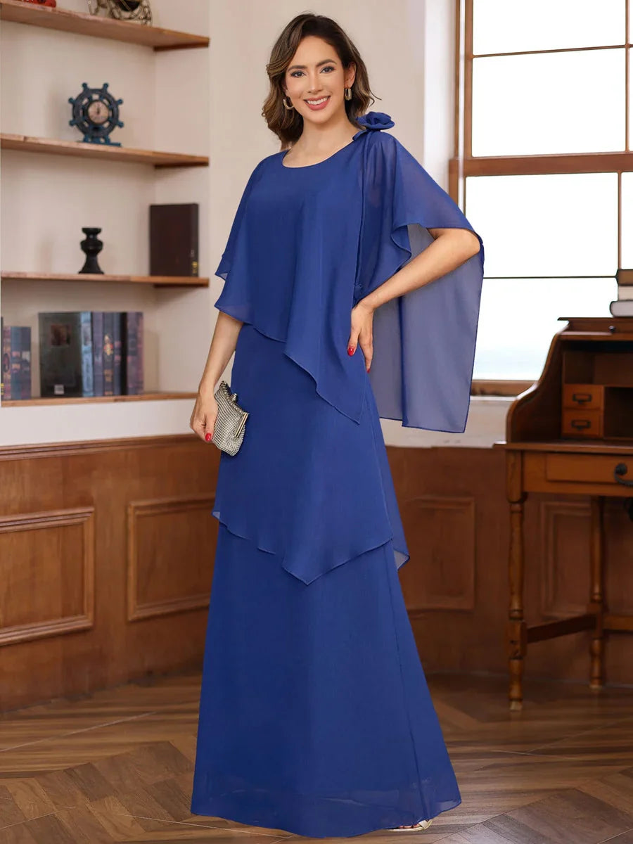 Royal blue chiffon floor-length dress with bow shoulder, cascading tiers, and flutter cape sleeves
