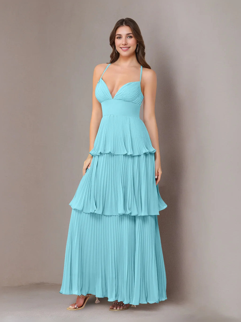 Jade blue V-neck A-line tiered ruffle maxi chiffon dress with layered tiers