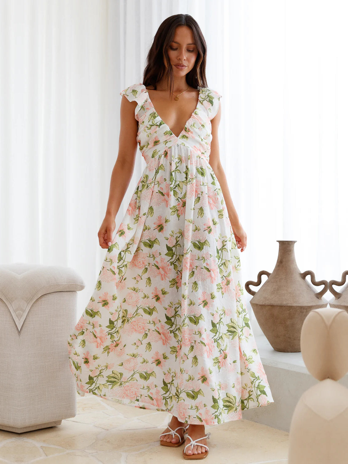 White a-line maxi formal dress with floral print, alternate view