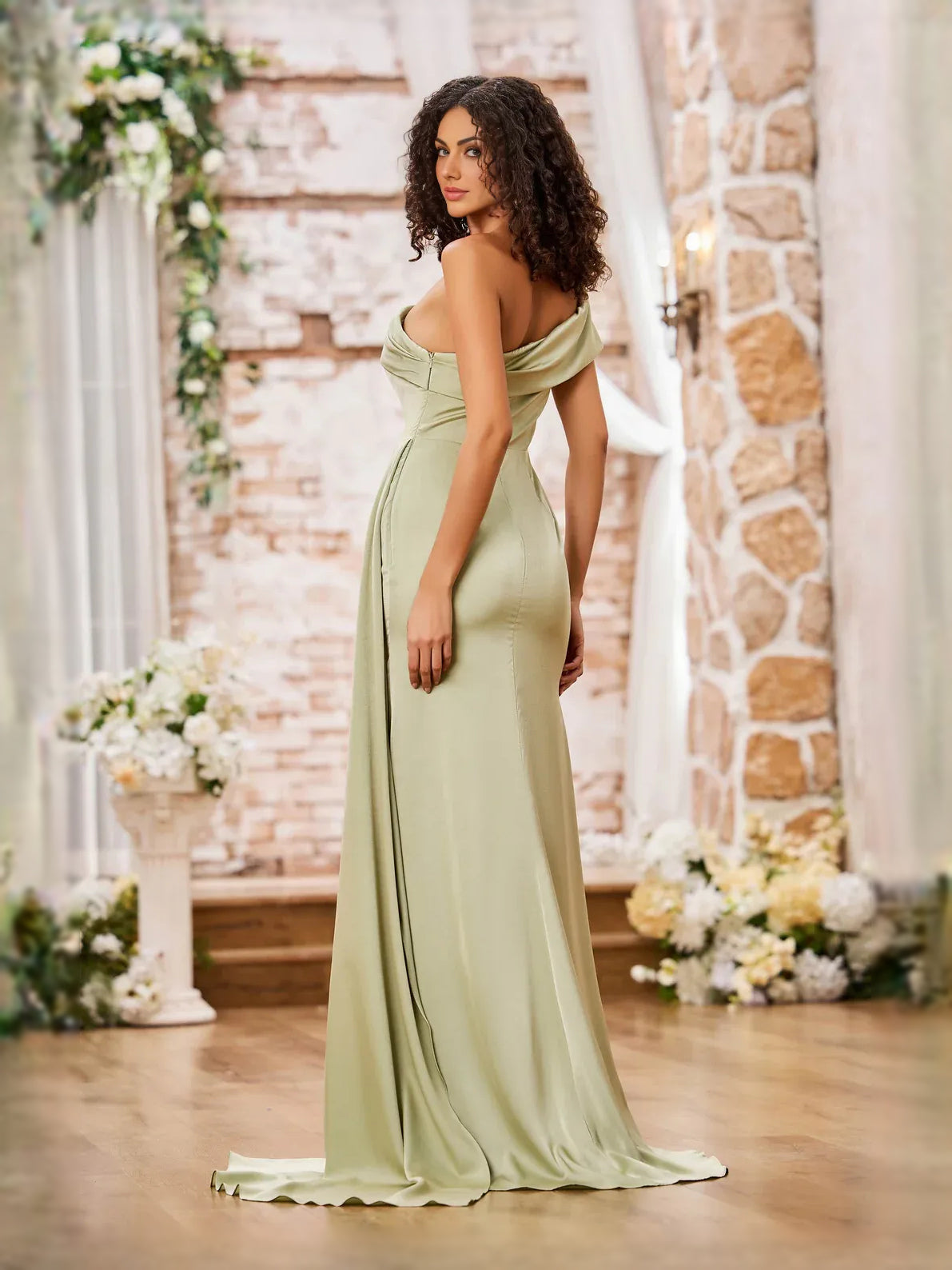 Dusty sage satin mermaid prom dress with asymmetrical neckline and draped waist detail