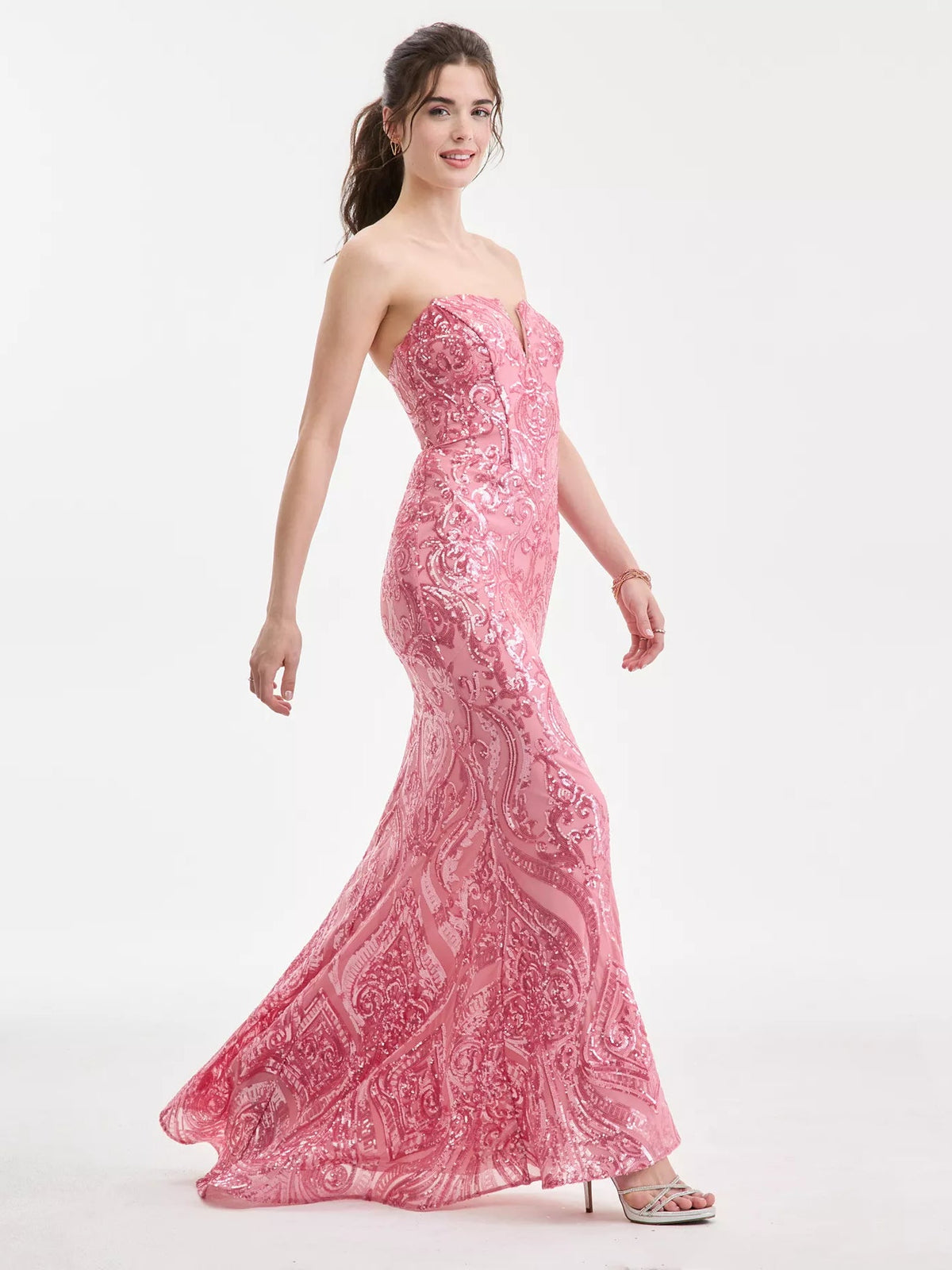 Coral sweetheart mermaid formal dress with floral sequin print and flared hem
