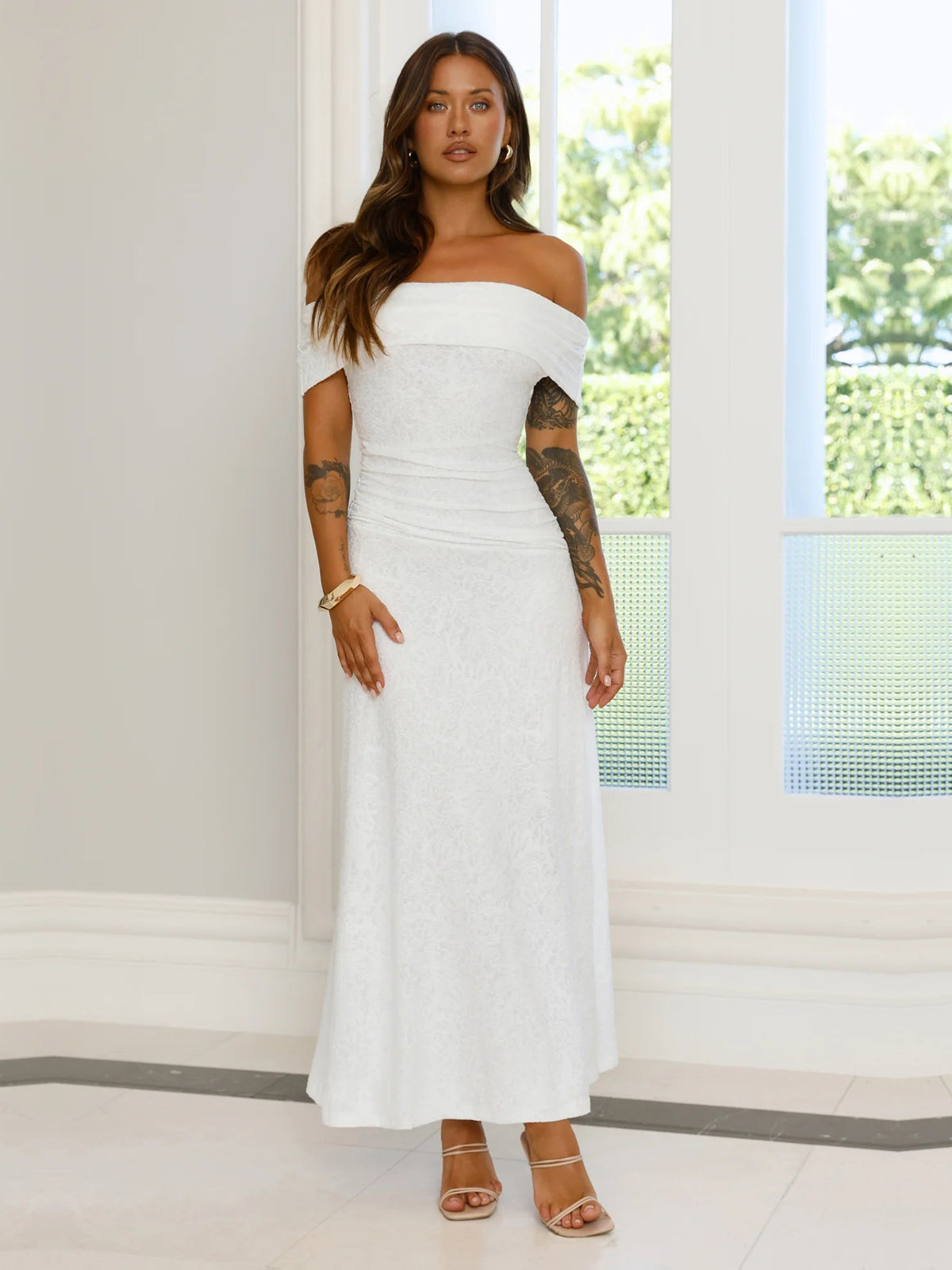 Cream a-line maxi formal dress with off-the-shoulder neckline, alternate view