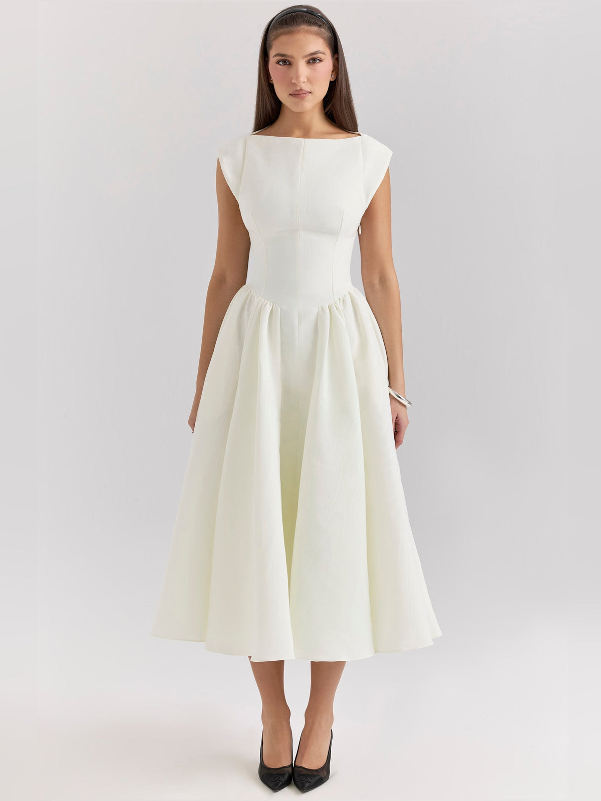 Ivory midi formal dress with cap sleeves, scoop neckline, pleated gathered waist skirt
