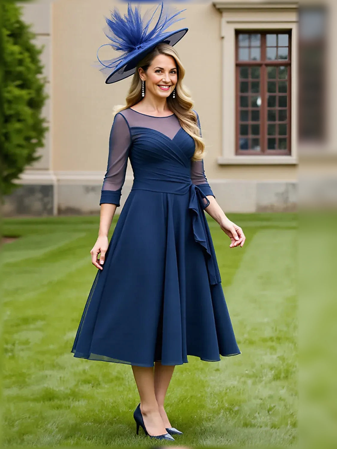 Navy illusion-neck A-line midi dress with draped bodice and flowing pleated skirt
