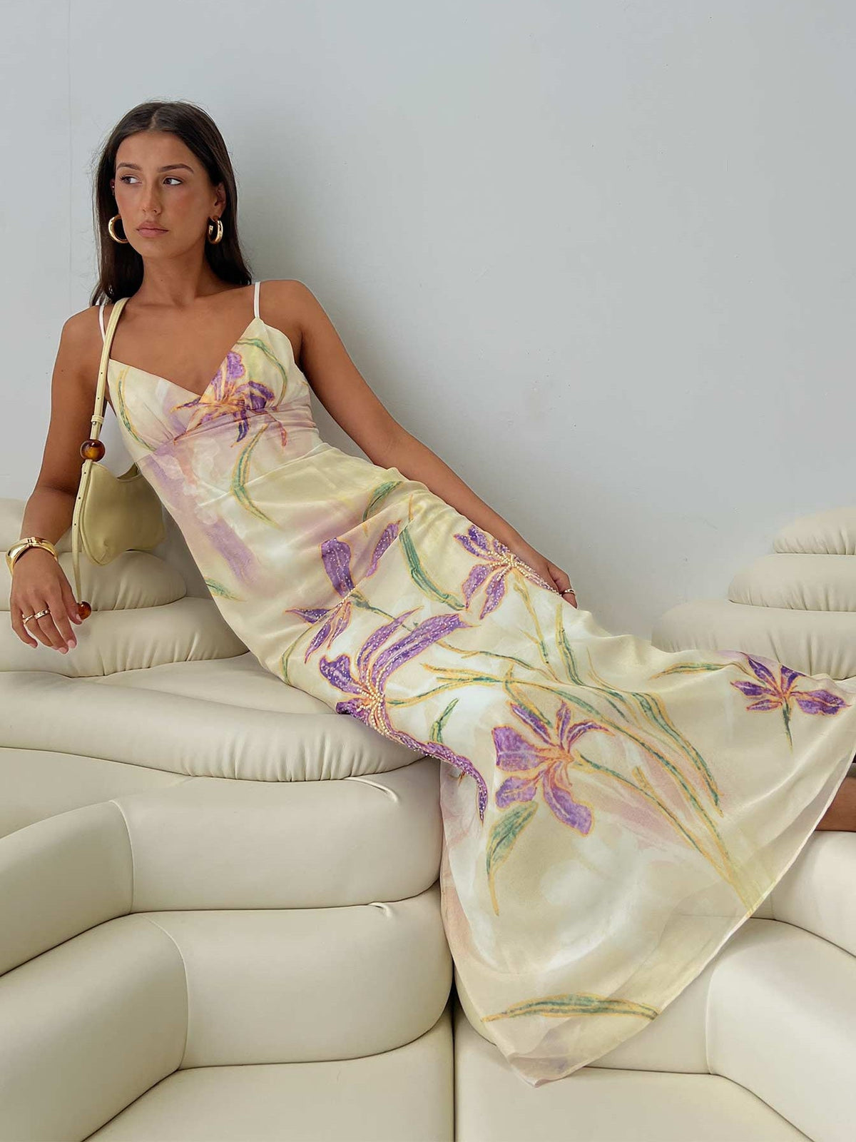 Ivory Pastel Floral Print sheath maxi formal dress with beading, alternate full-length view