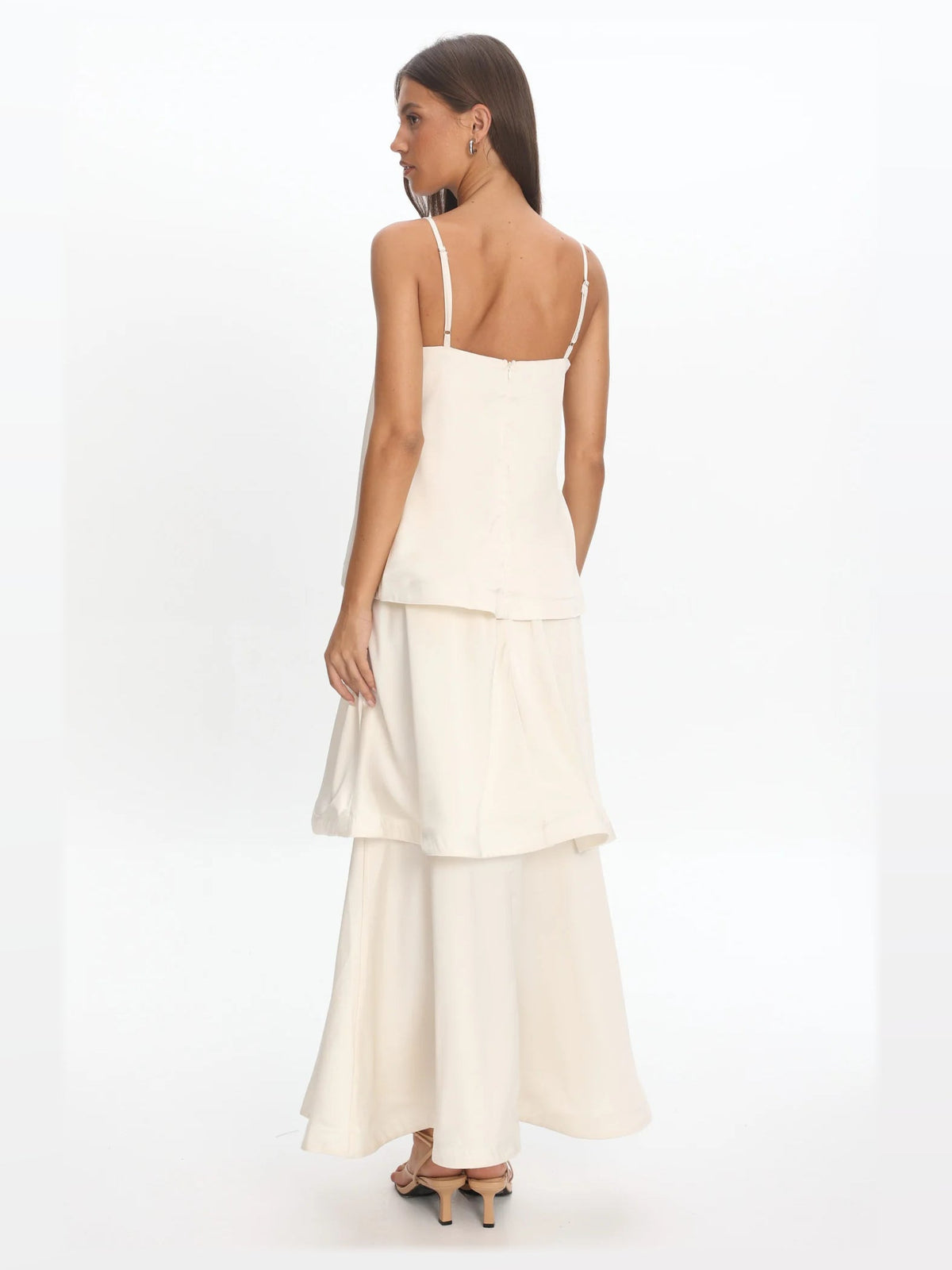Ivory formal dress with structured woven fabric construction and maxi hem