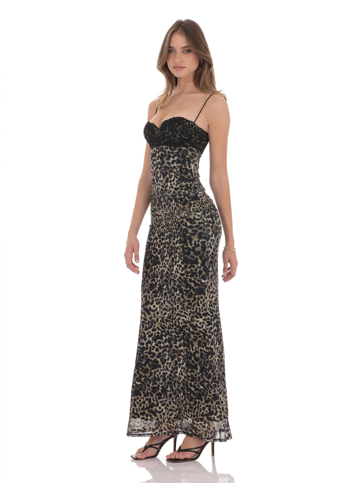 Gray bridesmaid dress with mesh construction and maxi hem