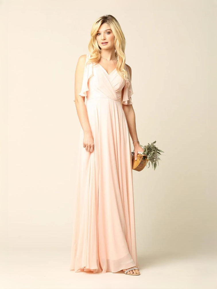 Blush pink chiffon maxi bridesmaid dress with V-neck and A-line skirt, ruffled sleeves