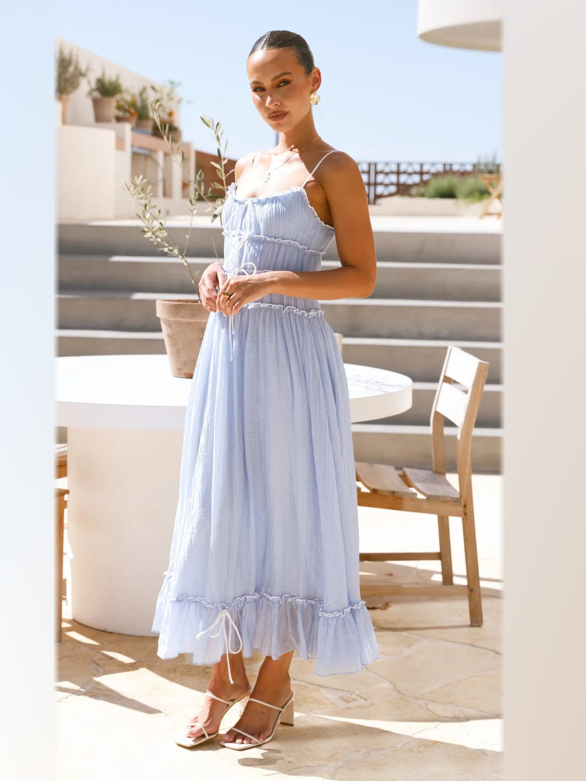 Light Blue midi formal dress, alternate full-length view showing the waistline