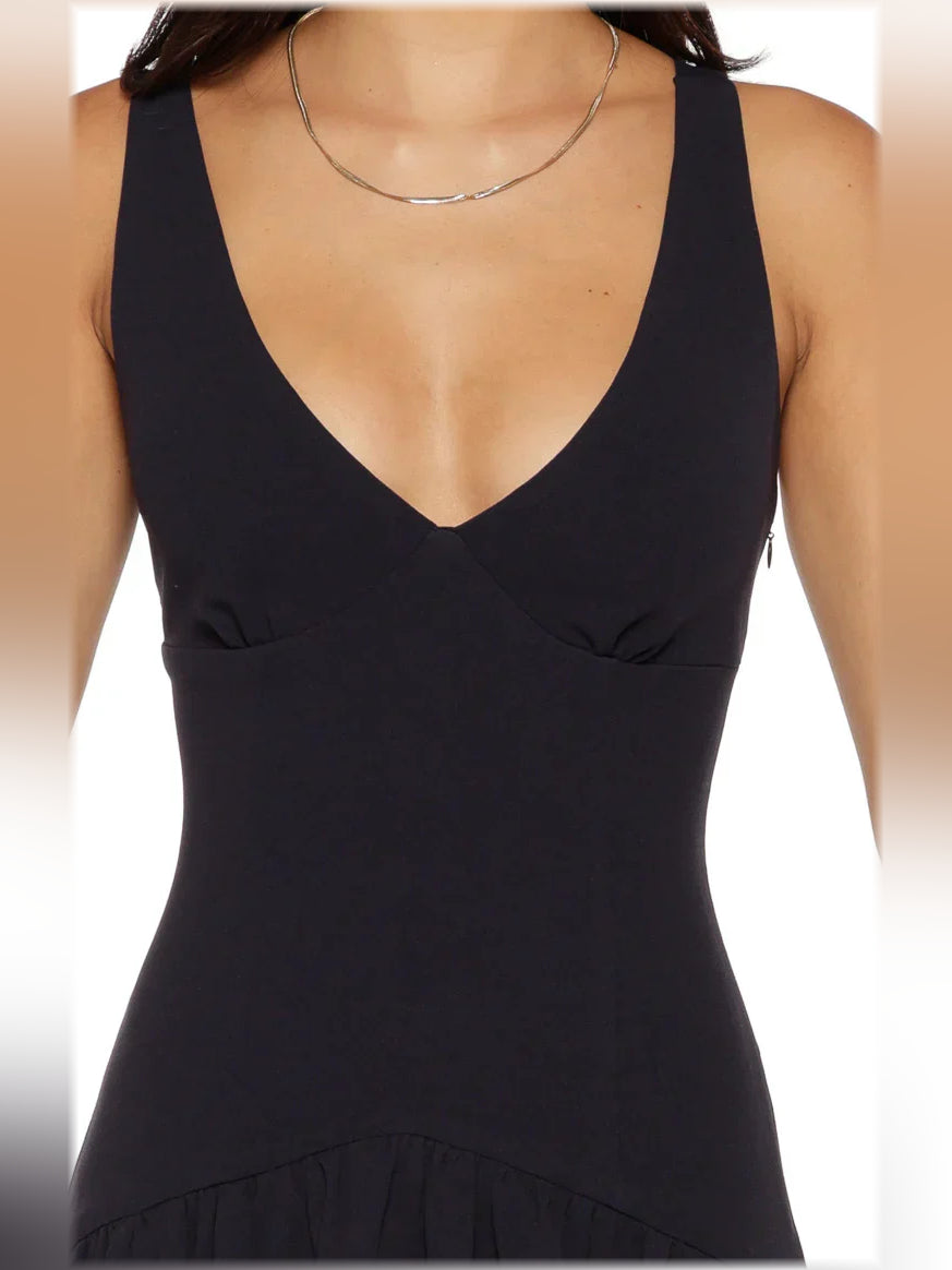 Black V-neck sleeveless bodice with seam detailing and tiered skirt