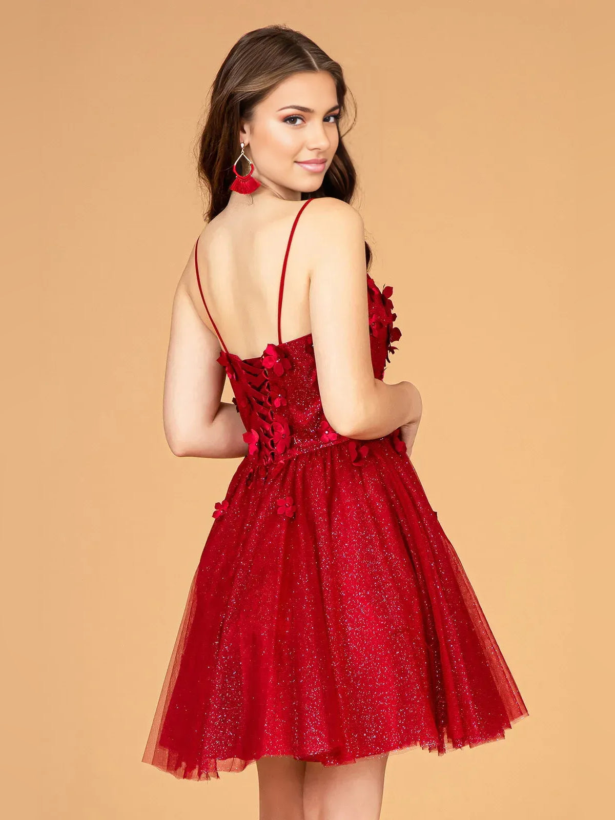 Red floral-applique corset V-neck tulle mini homecoming dress, back view