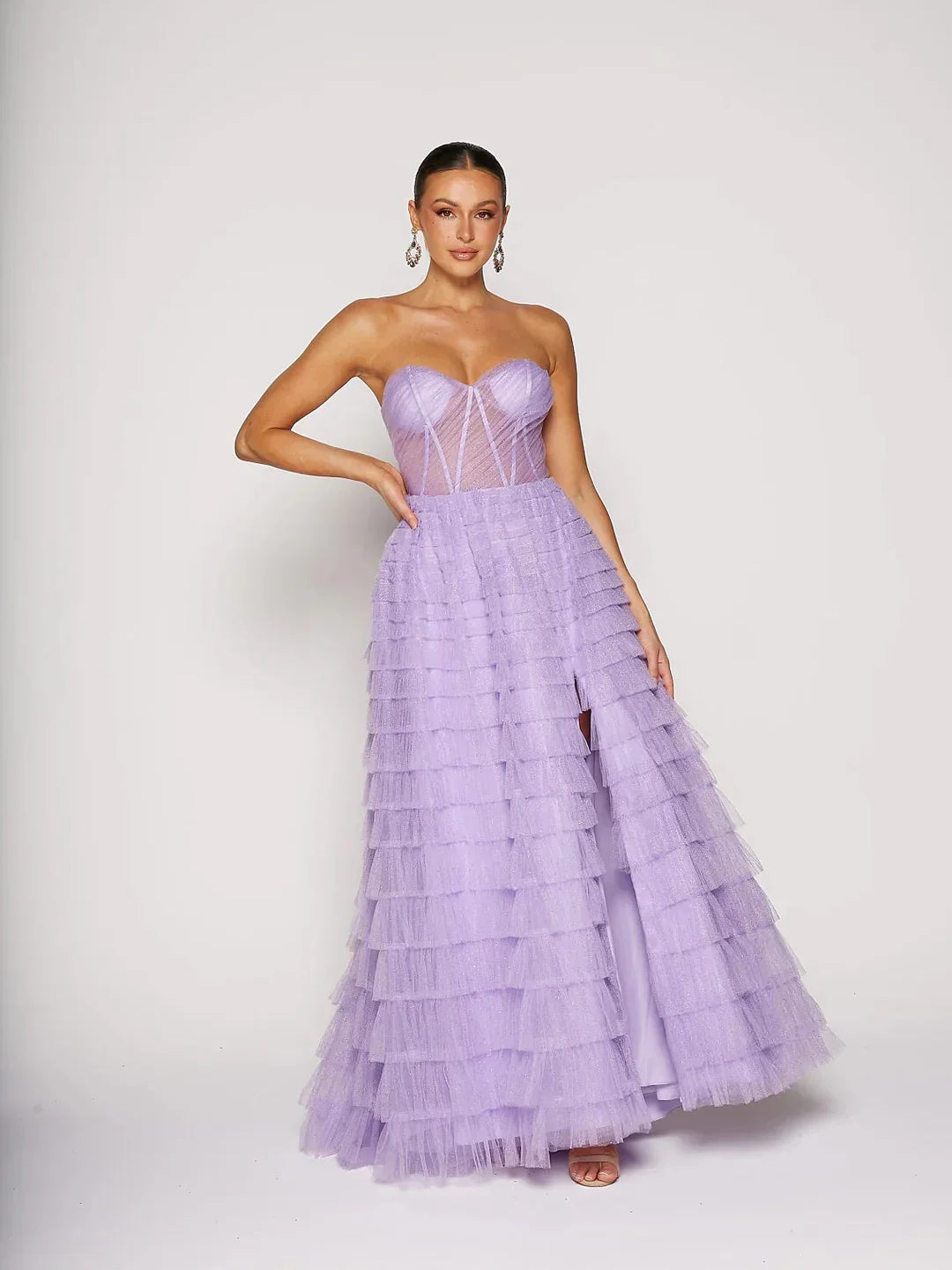 Lilac strapless corset sweetheart tiered tulle A-line maxi prom dress