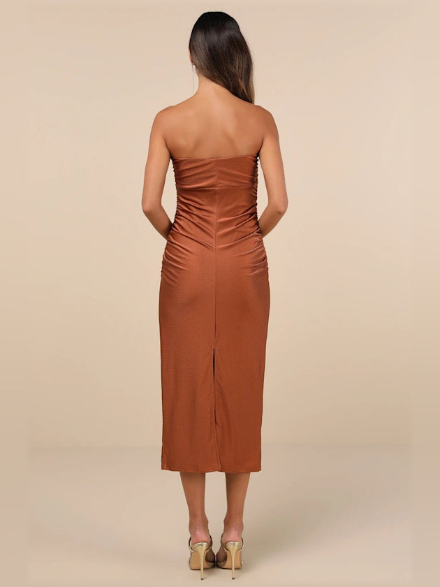 Copper strapless ruched midi dress, ruched back and center back slit