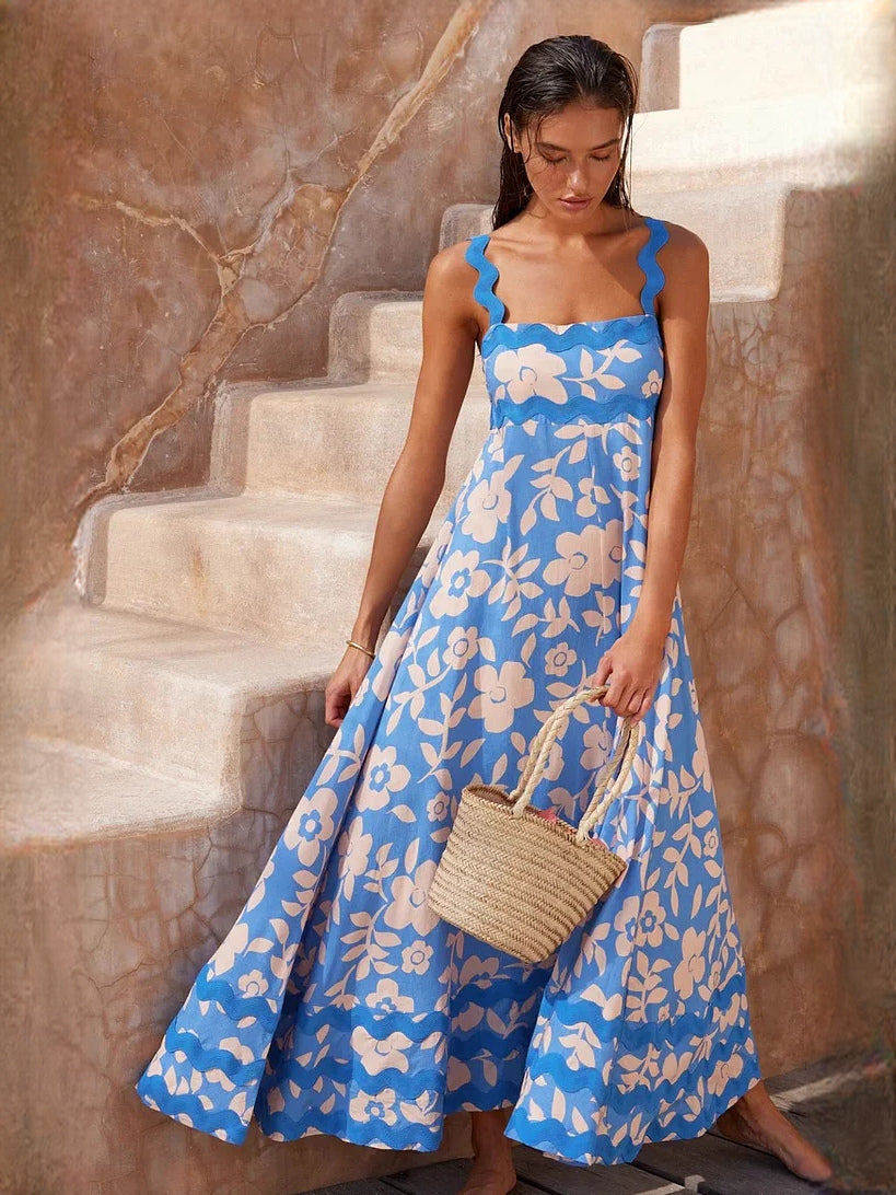 Blue Peach Floral Print a-line maxi formal dress with square neckline, alternate full-length view