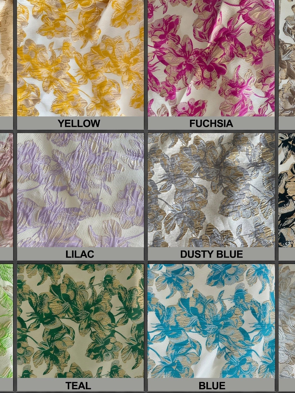 Floral fabric color swatch board showing yellow, fuchsia, lilac, and dusty blue