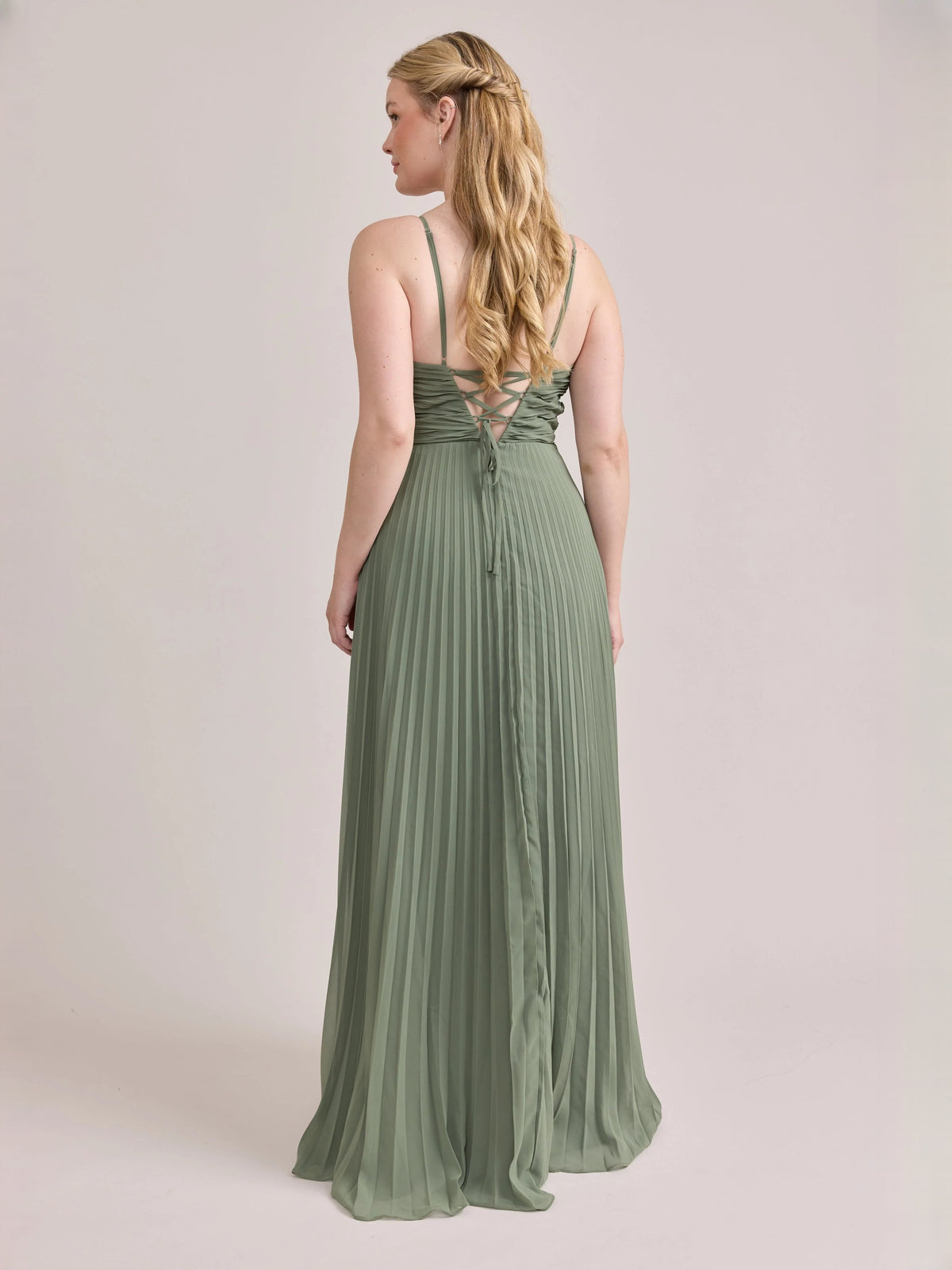 Dusty sage pleated satin corset maxi A-line dress, open crisscross back