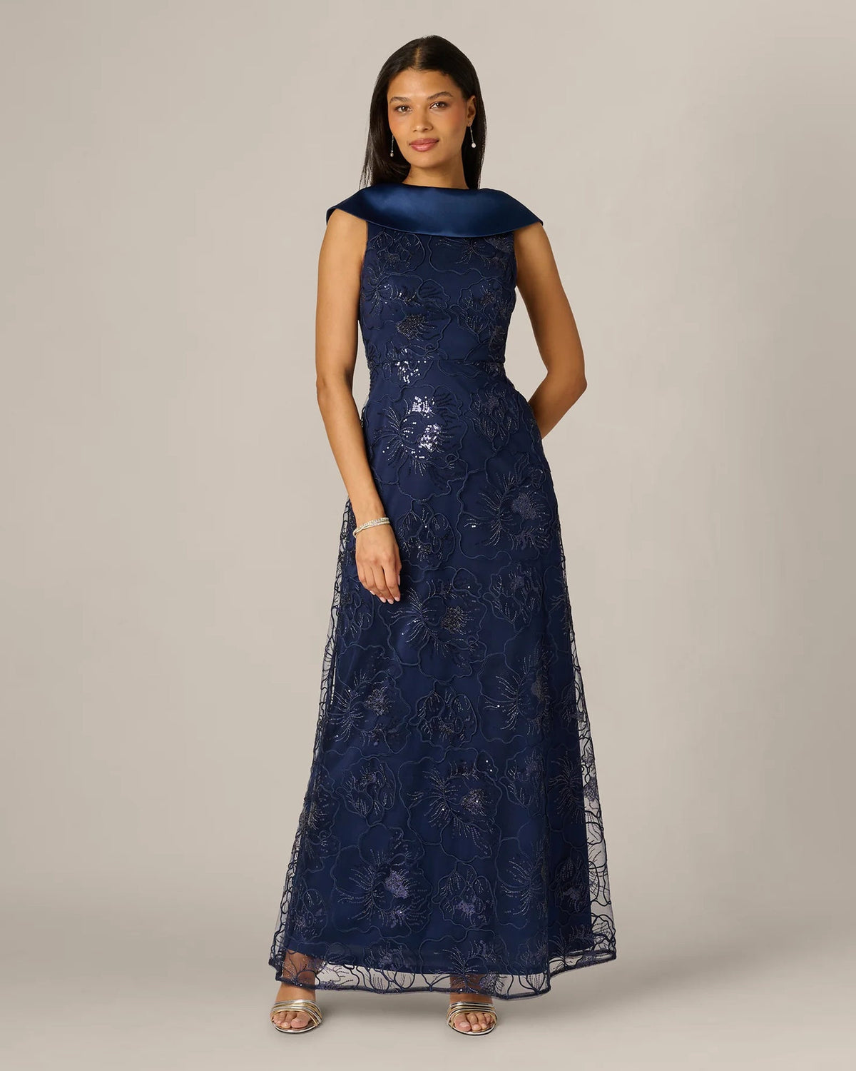 Midnight blue sleeveless floral lace maxi dress with draped off-shoulder collar