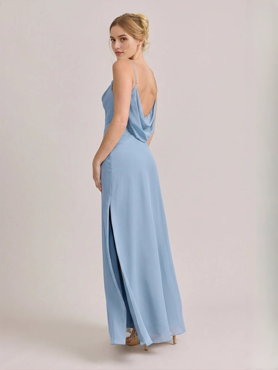Dusty blue satin A-line maxi dress with open back and side slit