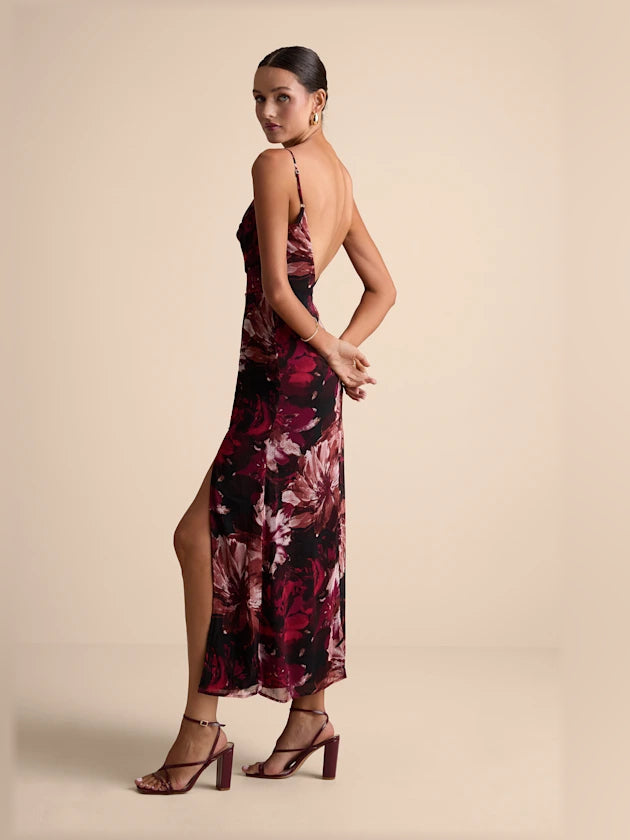 Floral midi formal dress with cowl neckline, spaghetti straps, burgundy print, open back, side slit